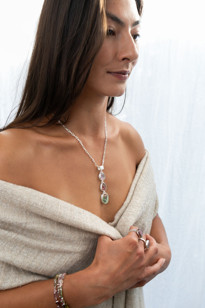 Rose Cut Triple Watermelon Tourmaline Pendant in Brushed 92.5% Sterling Silver