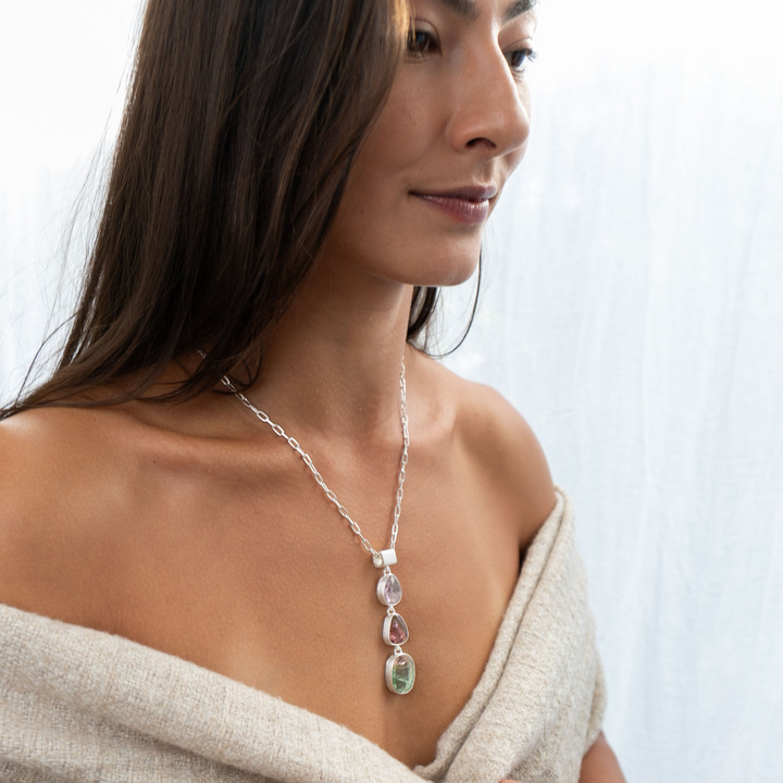 Rose Cut Triple Watermelon Tourmaline Pendant in Brushed 92.5% Sterling Silver