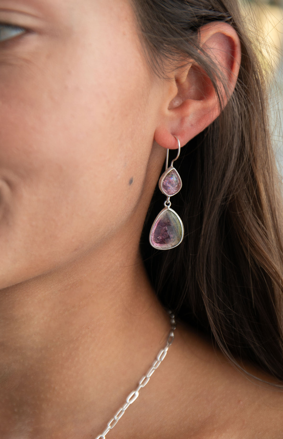 Rose Cut Double Drop Watermelon Tourmaline Earrings in Sterling Silver