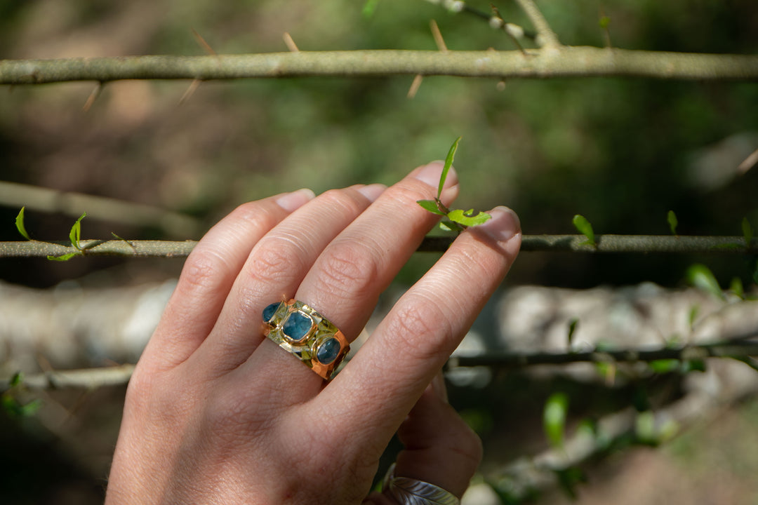 Reserved for Rainn*** High Quality Triple Blue Green Tourmaline Ring set in Beaten 14k Gold Plated Sterling Silver - Size 7 US