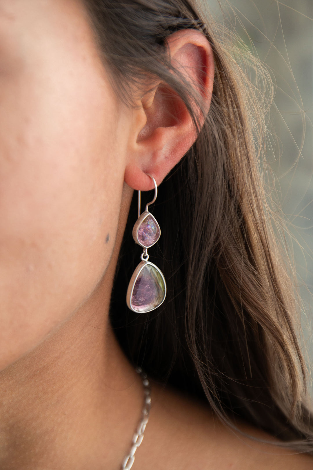 Rose Cut Double Drop Watermelon Tourmaline Earrings in Sterling Silver