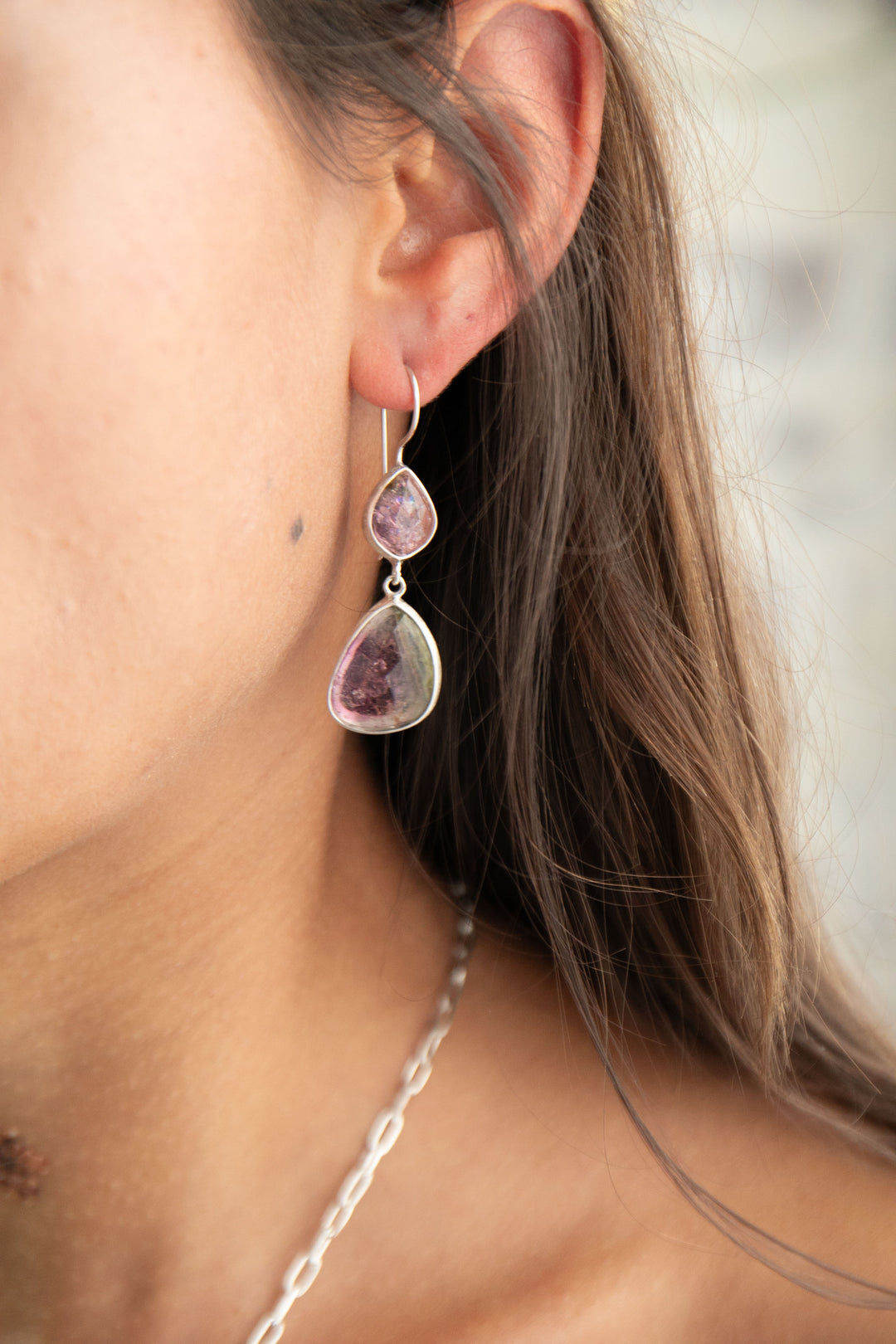 Rose Cut Double Drop Watermelon Tourmaline Earrings in Sterling Silver