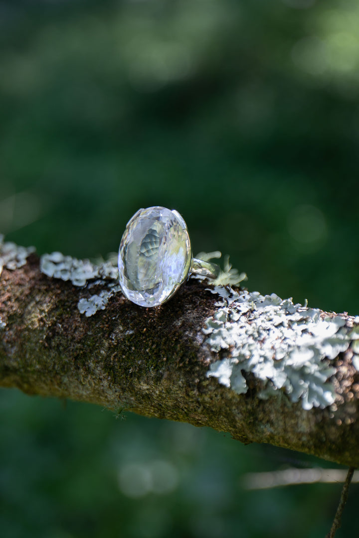 Faceted Teardrop Clear Crystal Quartz Ring set in Sterling Silver - Size 10 US