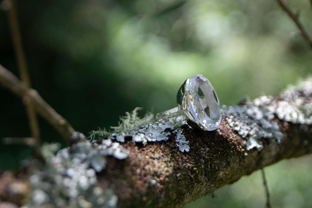 Faceted Teardrop Clear Crystal Quartz Ring set in Sterling Silver - Size 10 US