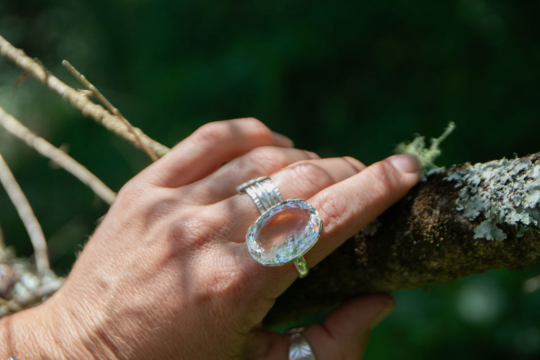 Faceted Teardrop Clear Crystal Quartz Ring set in Sterling Silver - Size 10 US