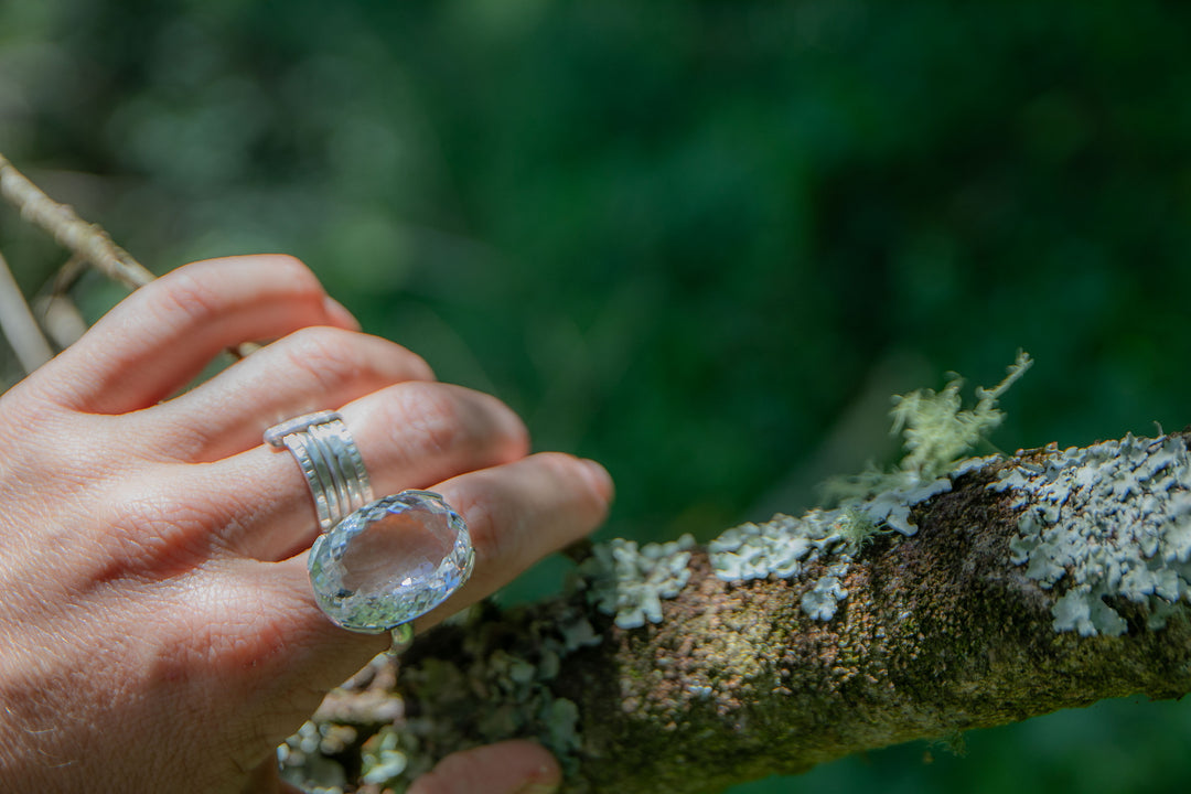 Faceted Teardrop Clear Crystal Quartz Ring set in Sterling Silver - Size 10 US