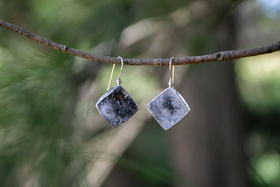 Black Druzy Earrings in Beaten Sterling Silver