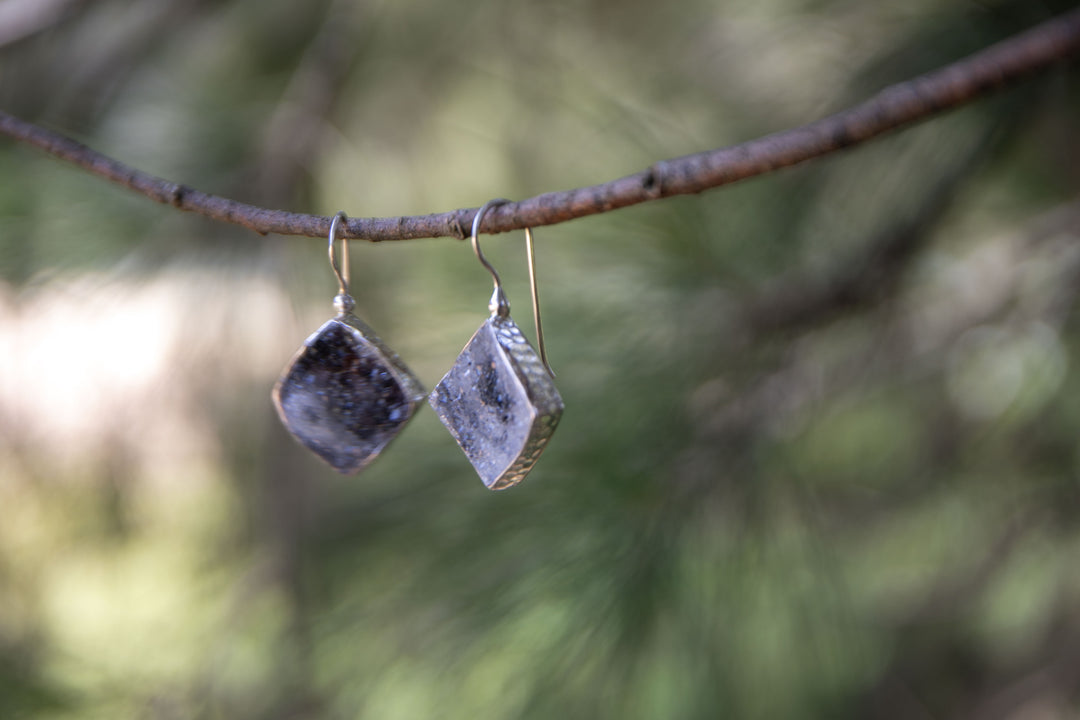 Black Druzy Earrings in Beaten Sterling Silver