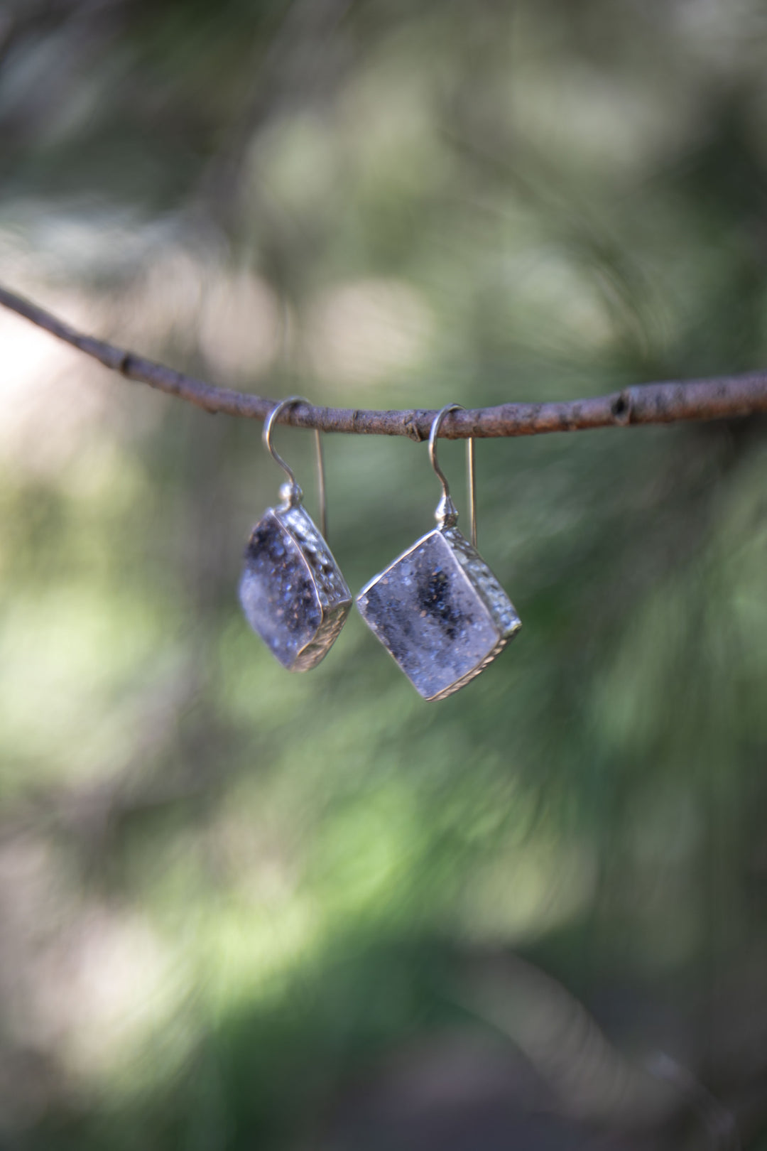 Black Druzy Earrings in Beaten Sterling Silver