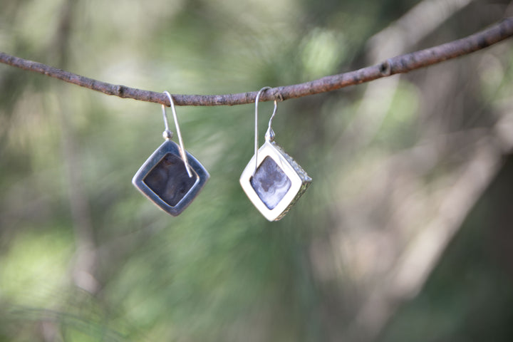 Black Druzy Earrings in Beaten Sterling Silver