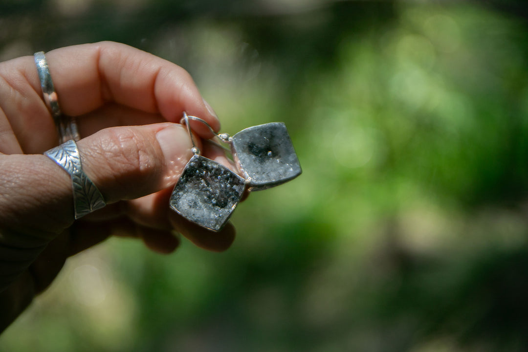 Black Druzy Earrings in Beaten Sterling Silver