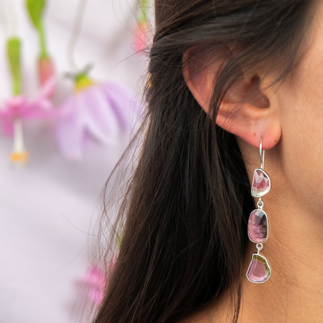 One of a Kind Raw and Rose Cut Watermelon Triple Tourmaline Drop Earrings in Sterling Silver