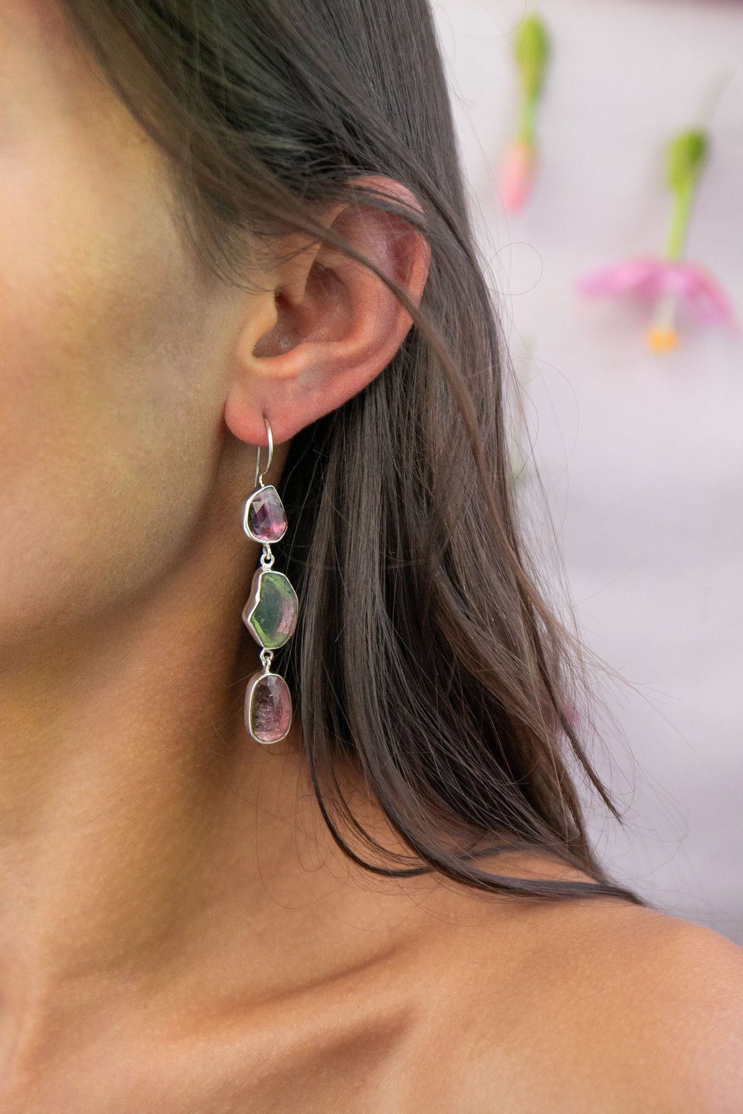 One of a Kind Raw and Rose Cut Watermelon Triple Tourmaline Drop Earrings in Sterling Silver