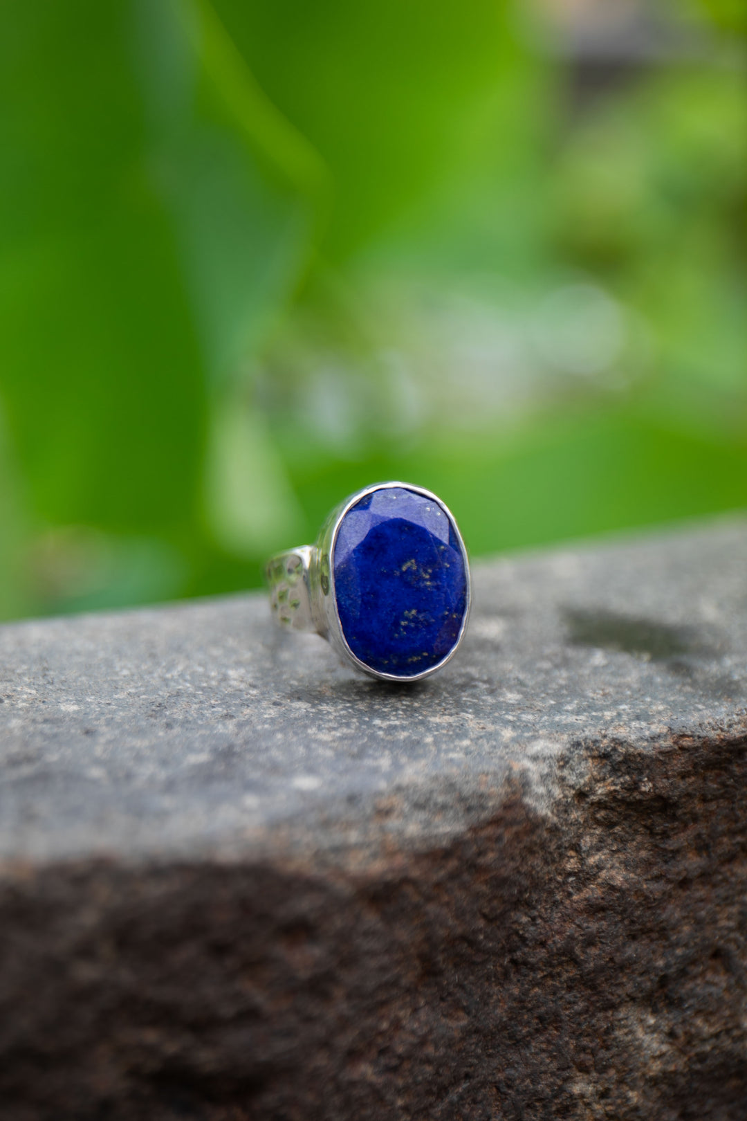 Lapis Lazuli Ring in Beaten Sterling Silver Adjustable Band