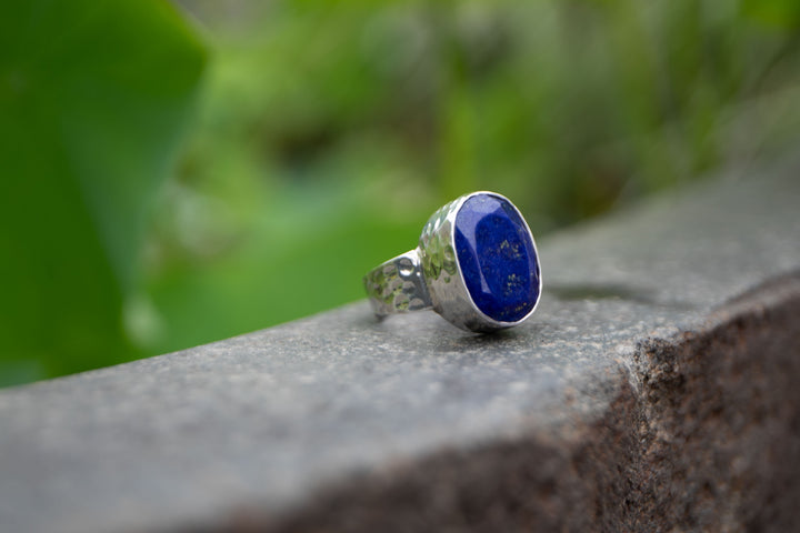 Lapis Lazuli Ring in Beaten Sterling Silver Adjustable Band