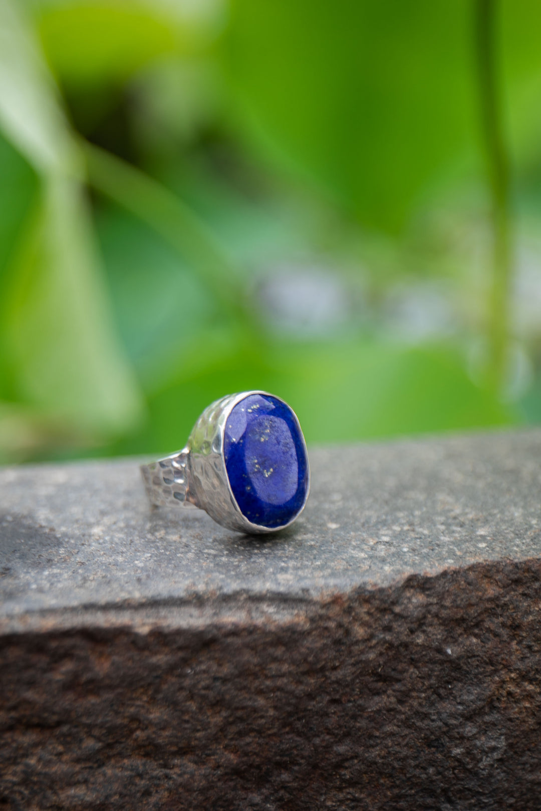 Lapis Lazuli Ring in Beaten Sterling Silver Adjustable Band