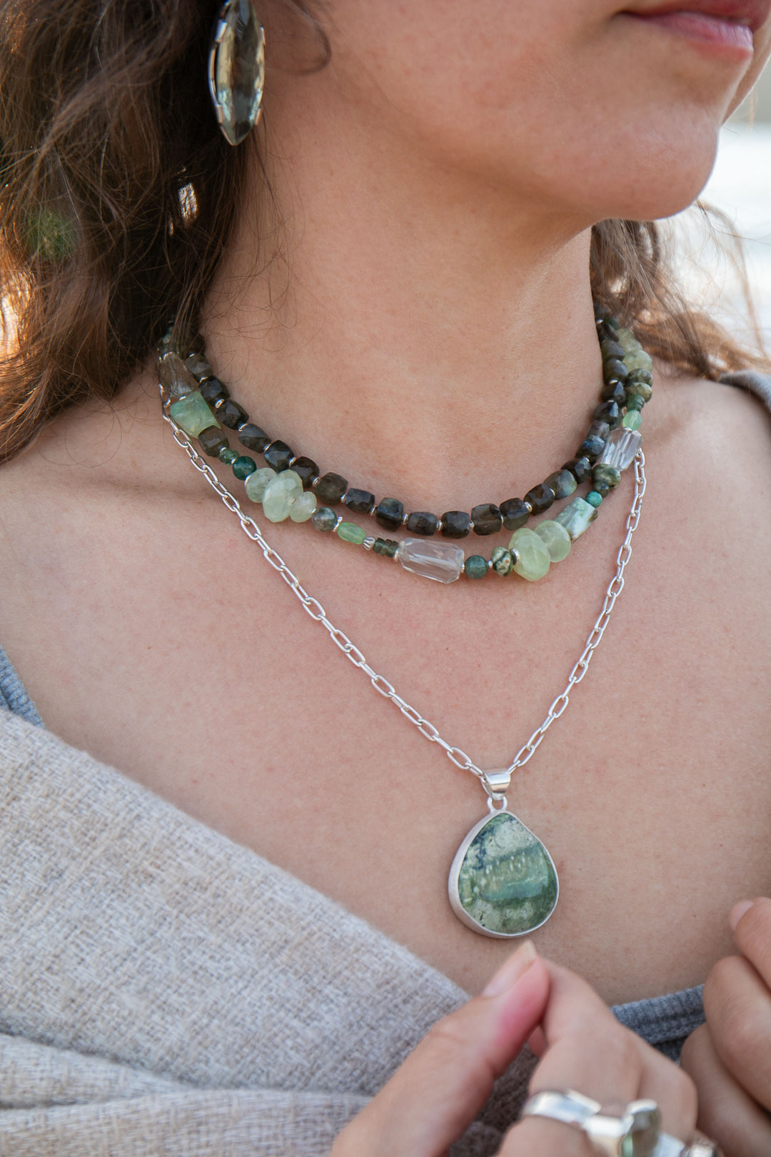 Swiss Green Opal Pendant in Brushed Sterling Silver