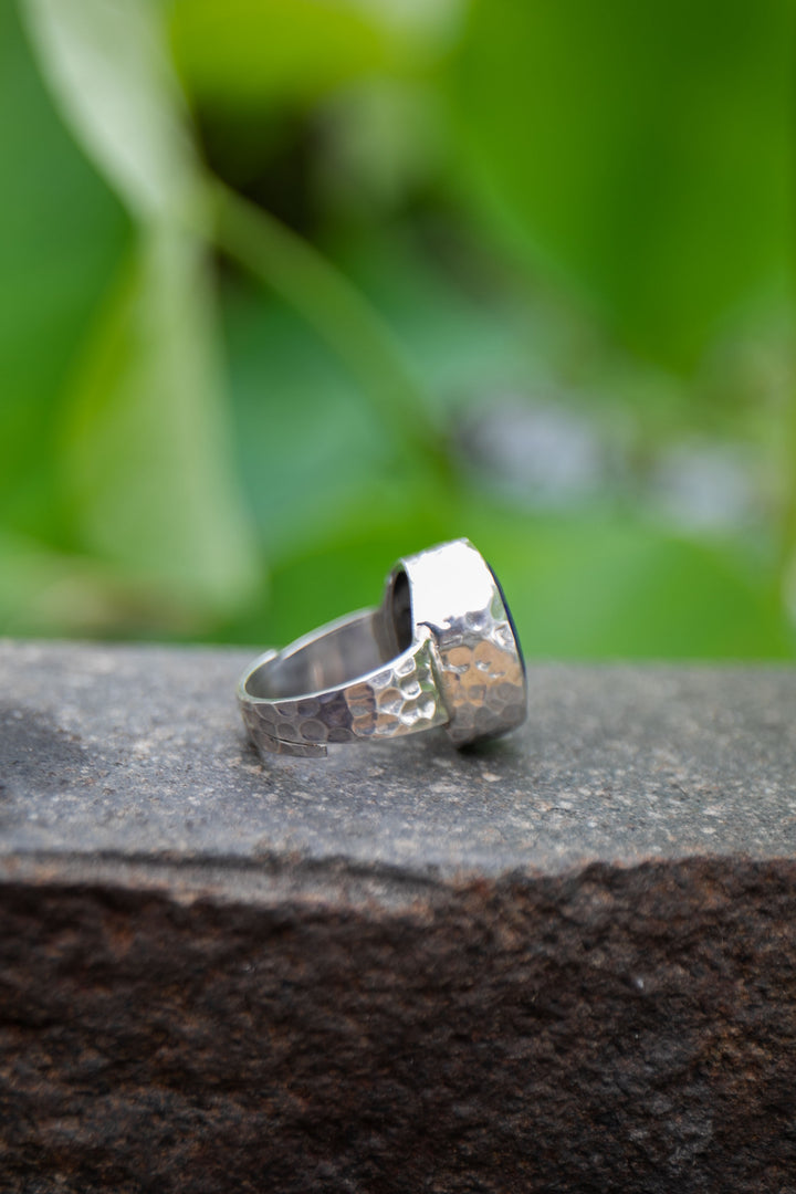 Lapis Lazuli Ring in Beaten Sterling Silver Adjustable Band