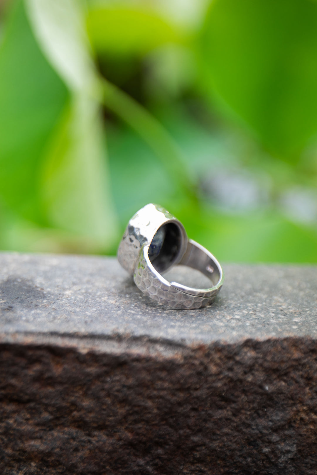 Lapis Lazuli Ring in Beaten Sterling Silver Adjustable Band