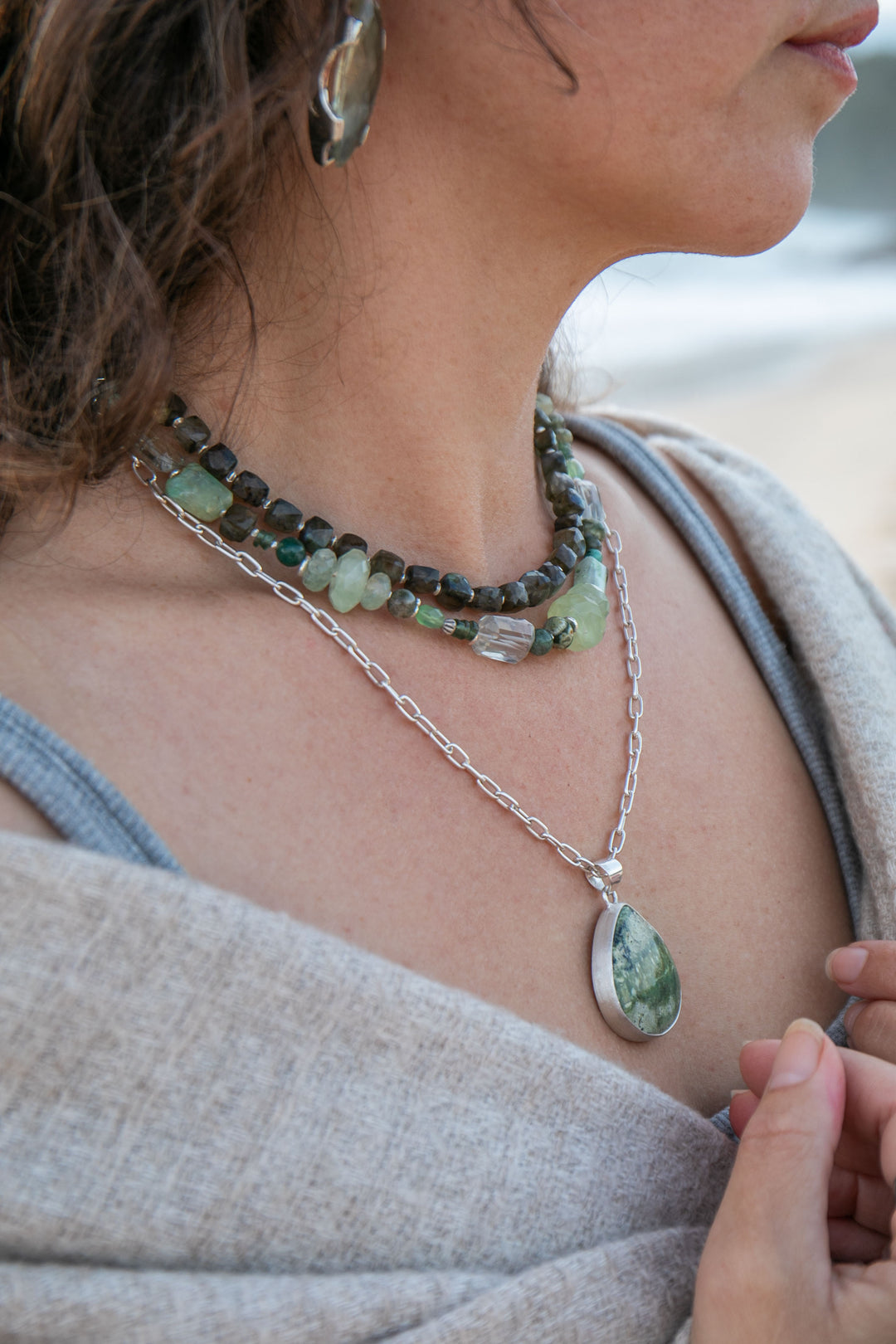 Mixed Gemstone and Prehnite Necklace with Thai Hill Tribe Silver