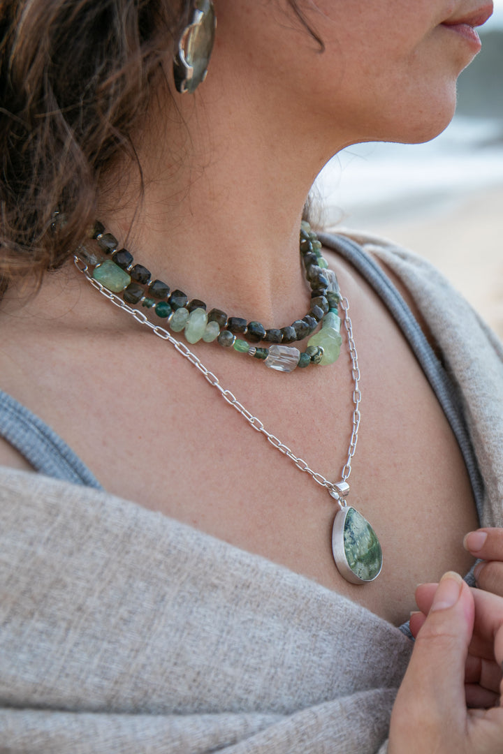 Mixed Gemstone and Prehnite Necklace with Thai Hill Tribe Silver
