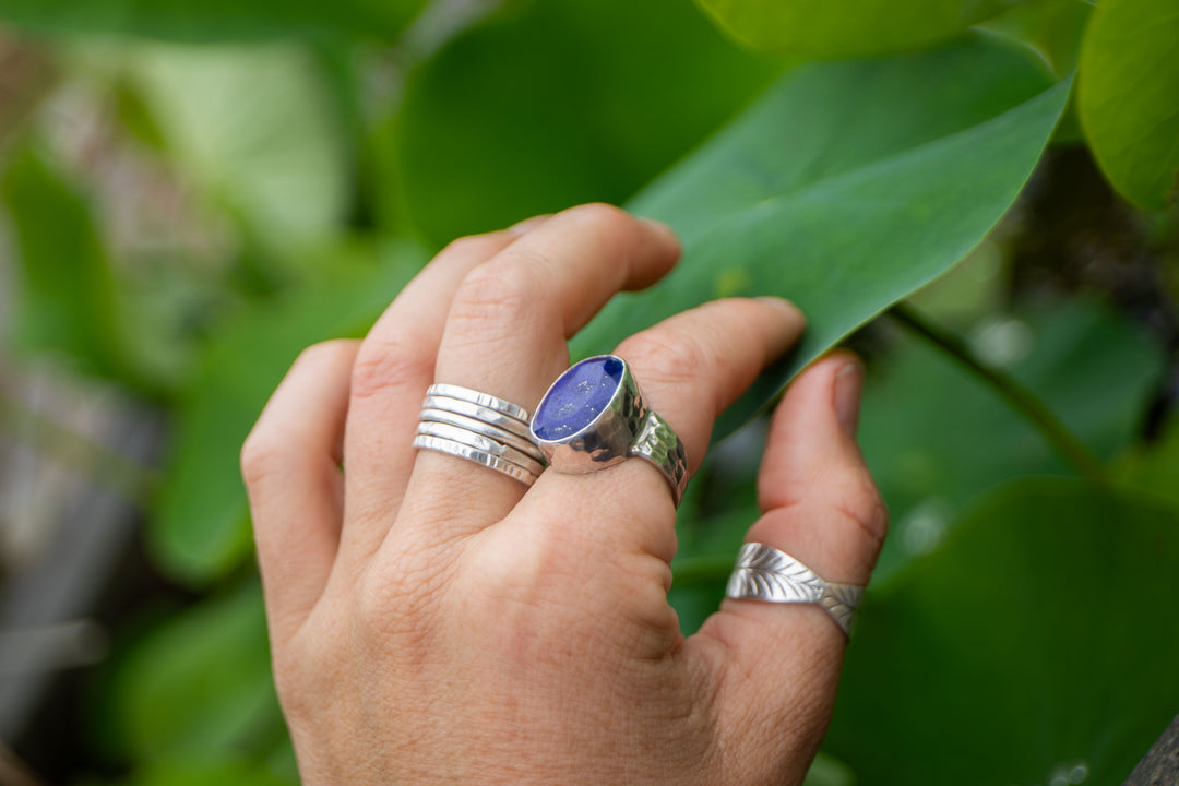 Lapis Lazuli Ring in Beaten Sterling Silver Adjustable Band