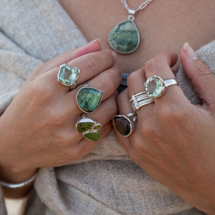 Faceted Green Amethyst Ring in Sterling Silver Setting - Size 9 US