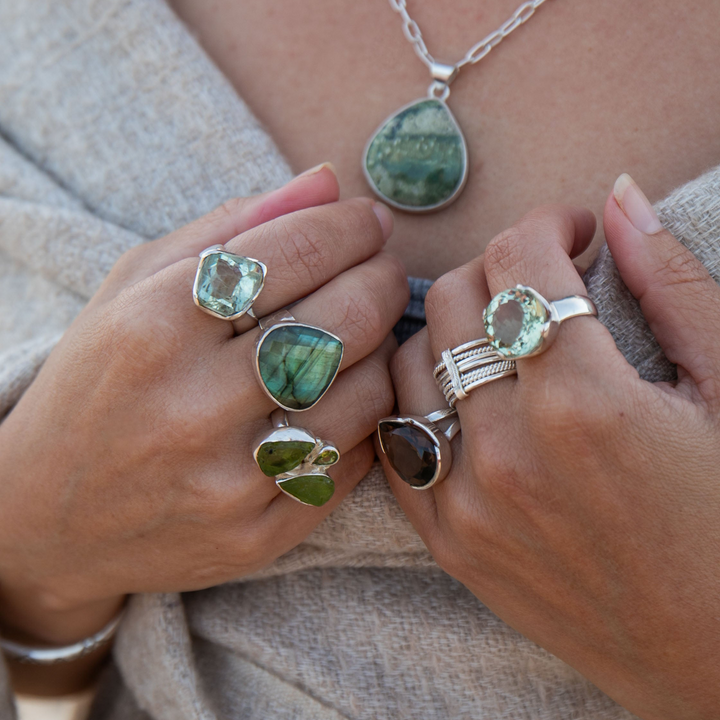 A+ Grade Faceted Labradorite Ring set in 92.5% Sterling Silver - Adjustable Band