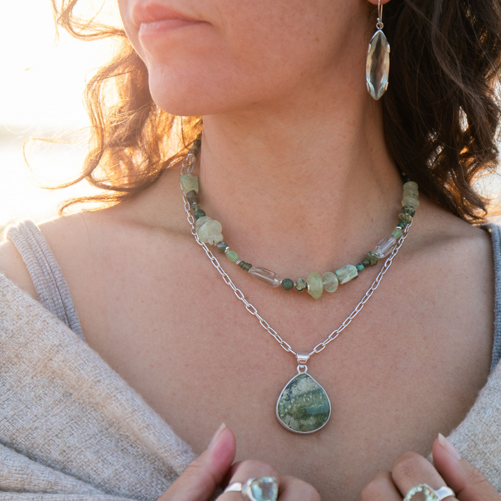 Mixed Gemstone and Prehnite Necklace with Thai Hill Tribe Silver