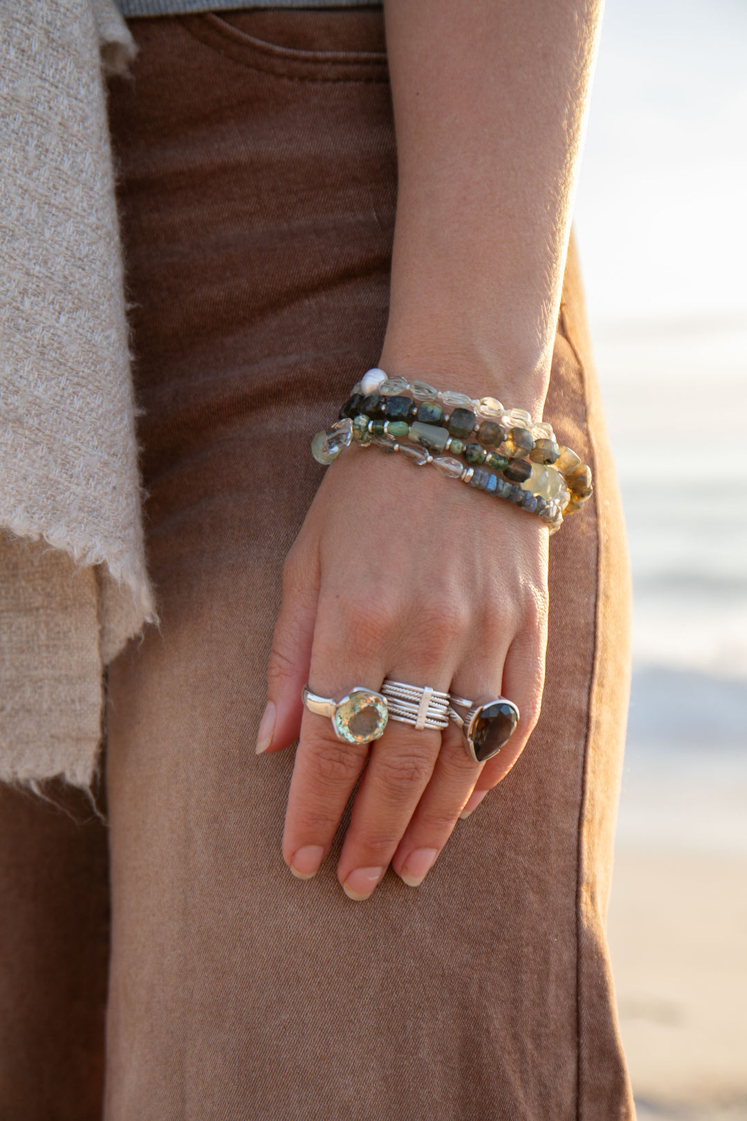 Mixed Gemstone and Prehnite Bracelet with Thai Hill Tribe Silver