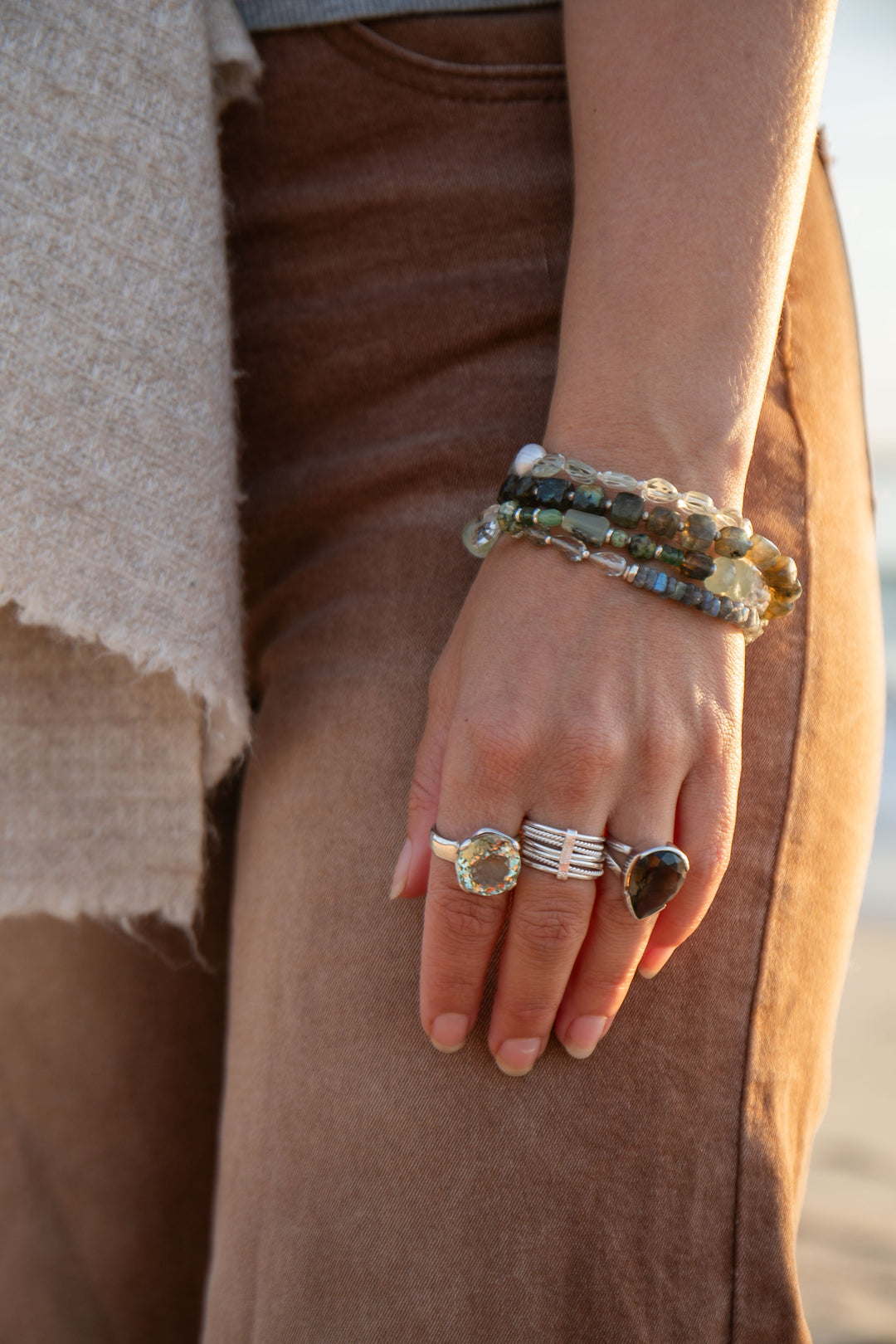 Mixed Gemstone and Prehnite Bracelet with Thai Hill Tribe Silver