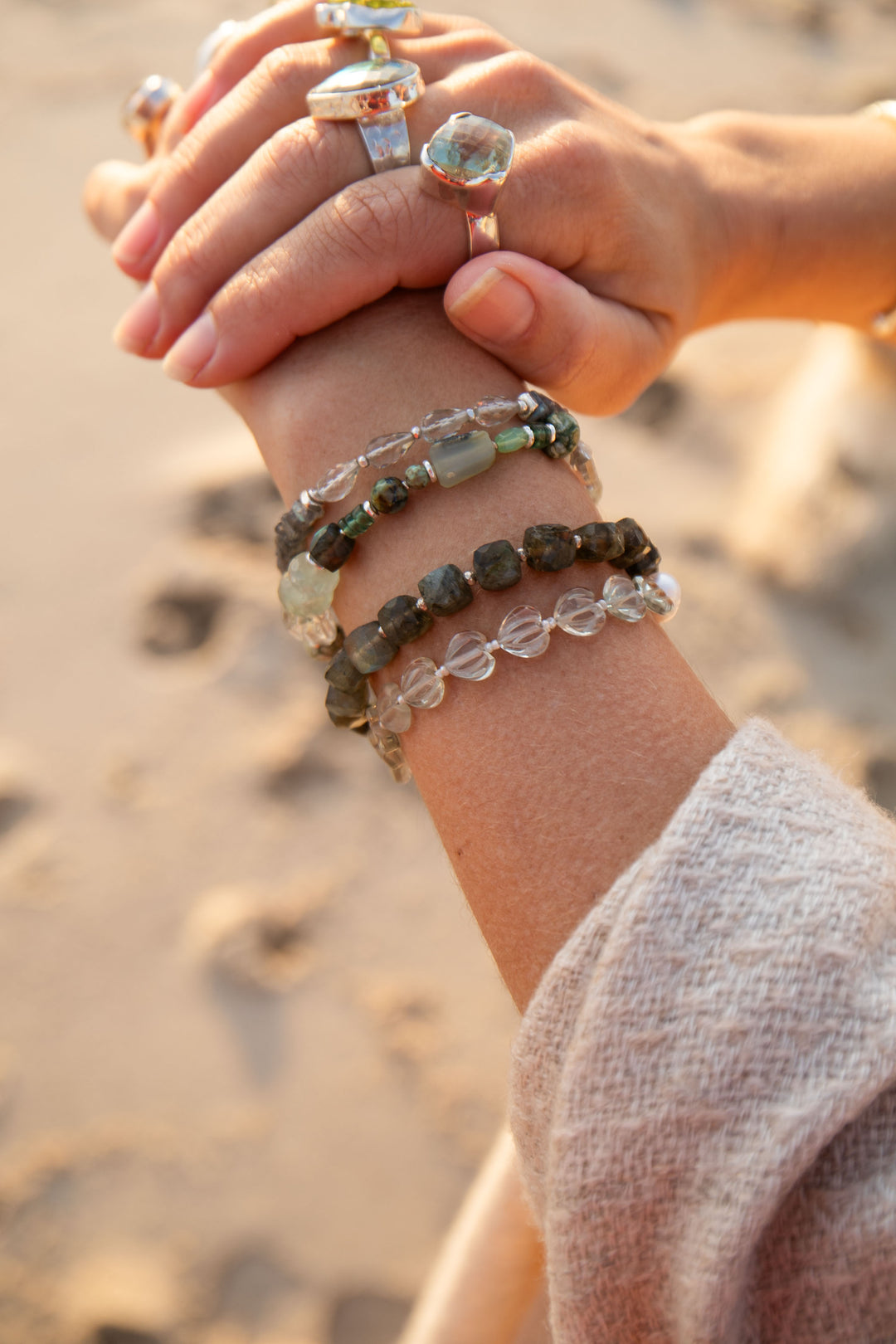 Mixed Gemstone and Prehnite Bracelet with Thai Hill Tribe Silver