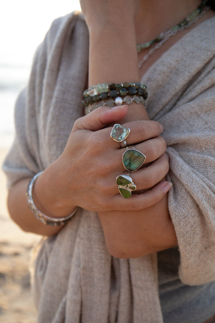 A+ Grade Faceted Labradorite Ring set in 92.5% Sterling Silver - Adjustable Band