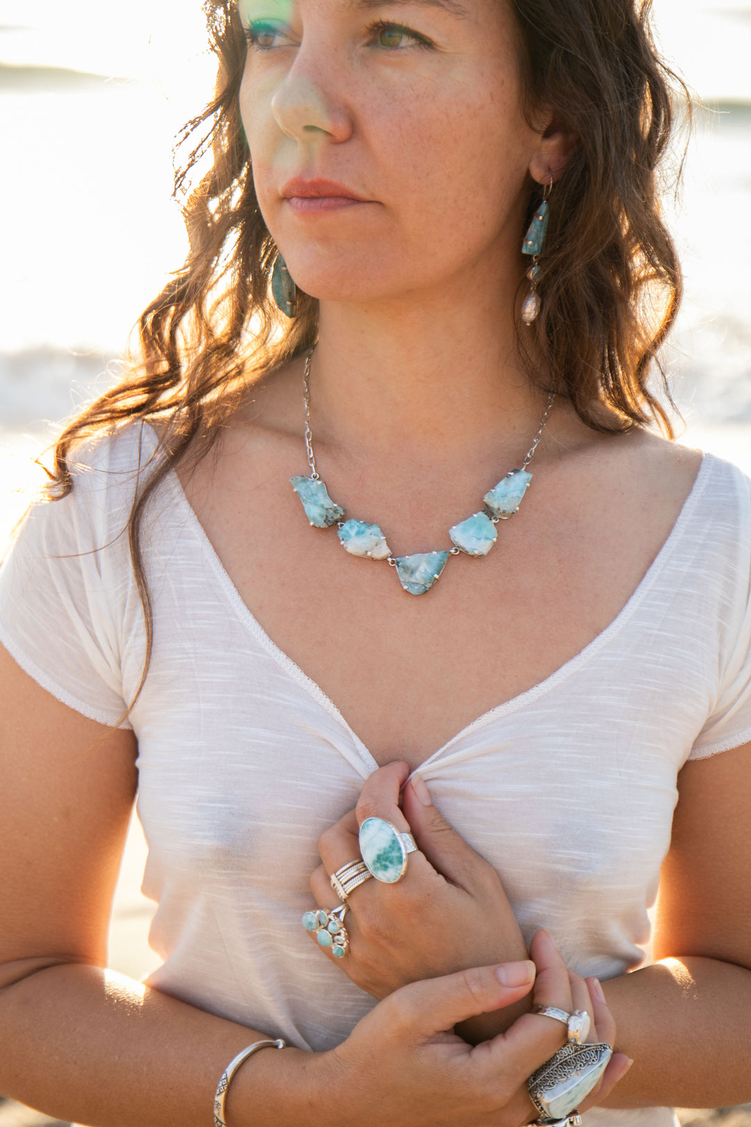 One of a Kind Raw Larimar Pieces Necklace in Sterling Silver Setting