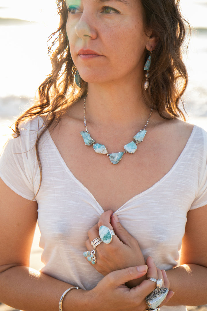 One of a Kind Raw Larimar Pieces Necklace in Sterling Silver Setting