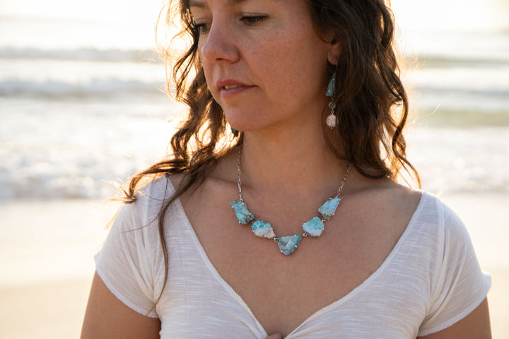 One of a Kind Raw Larimar Pieces Necklace in Sterling Silver Setting