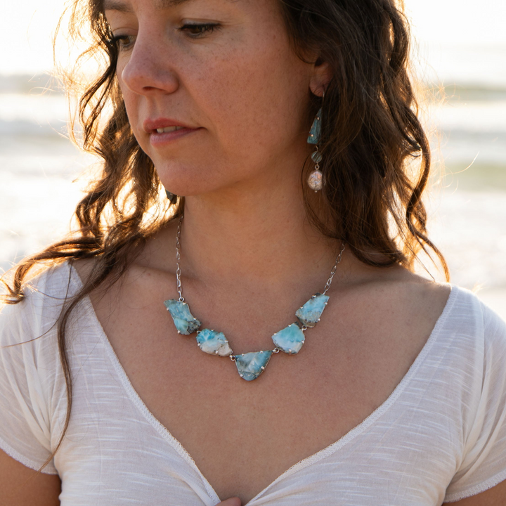One of a Kind Raw Larimar Pieces Necklace in Sterling Silver Setting