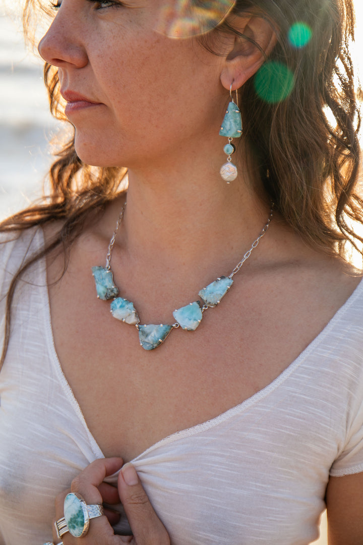 One of a Kind Raw Larimar Pieces Necklace in Sterling Silver Setting