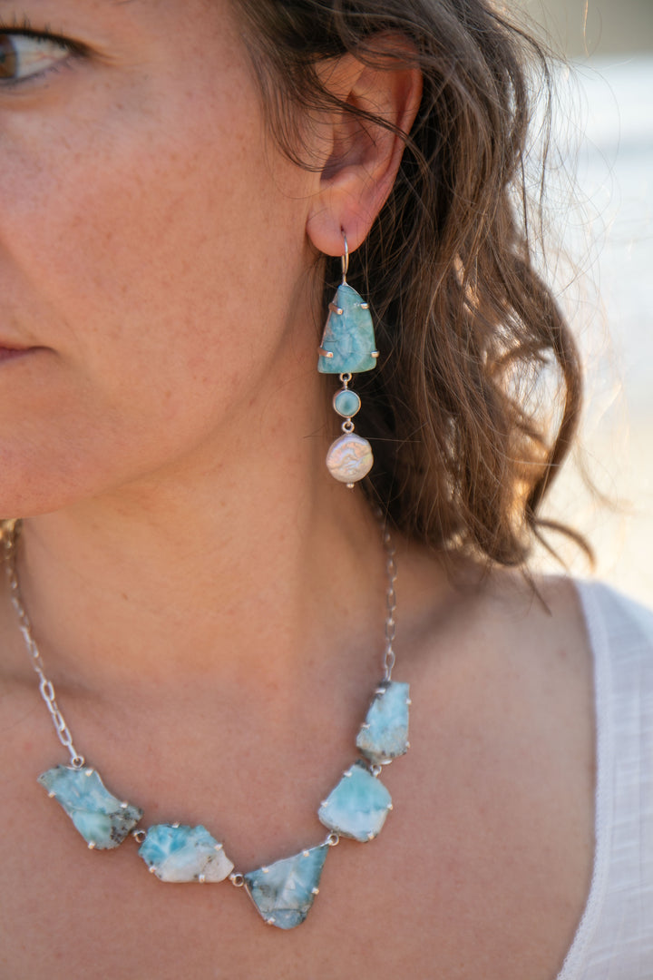 Larimar and Freshwater Pearl Asymmetrical Earrings set in Sterling Silver
