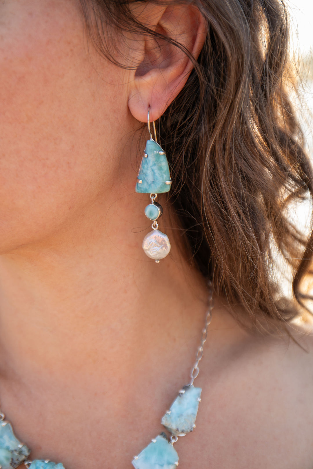 Larimar and Freshwater Pearl Asymmetrical Earrings set in Sterling Silver