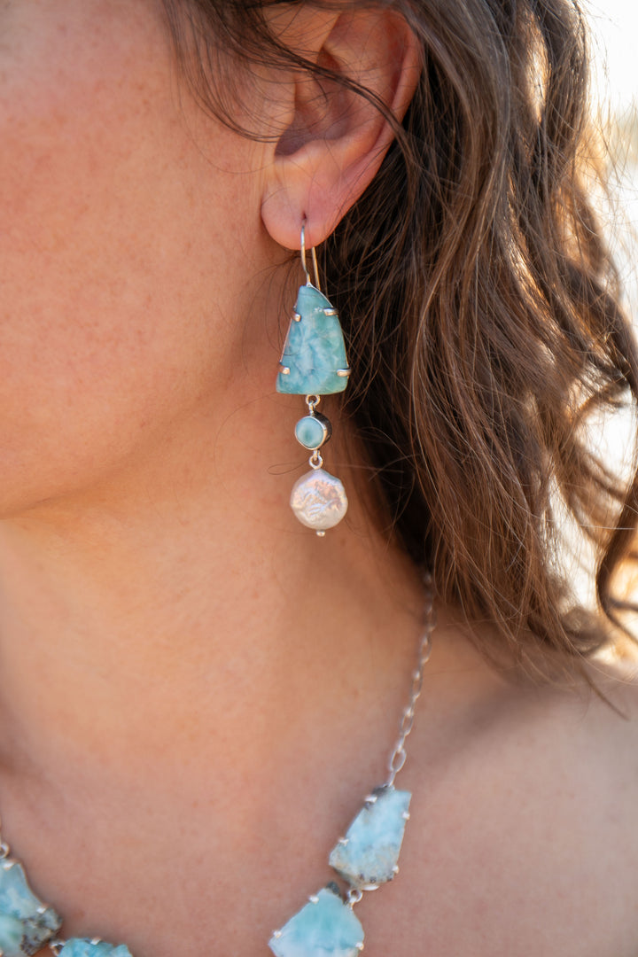 Larimar and Freshwater Pearl Asymmetrical Earrings set in Sterling Silver