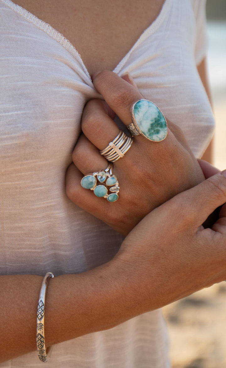 Multi Gemstone Ring with Larimar and Topaz  in Sterling Silver - Size 8 US