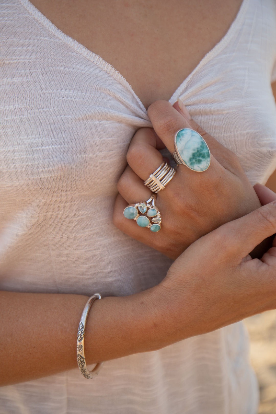 Larimar Ring set in Hammered Sterling Silver with Adjustable Band