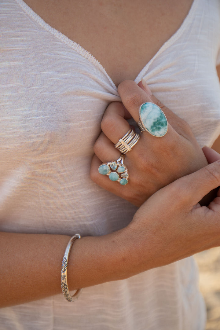 Larimar Ring set in Hammered Sterling Silver with Adjustable Band
