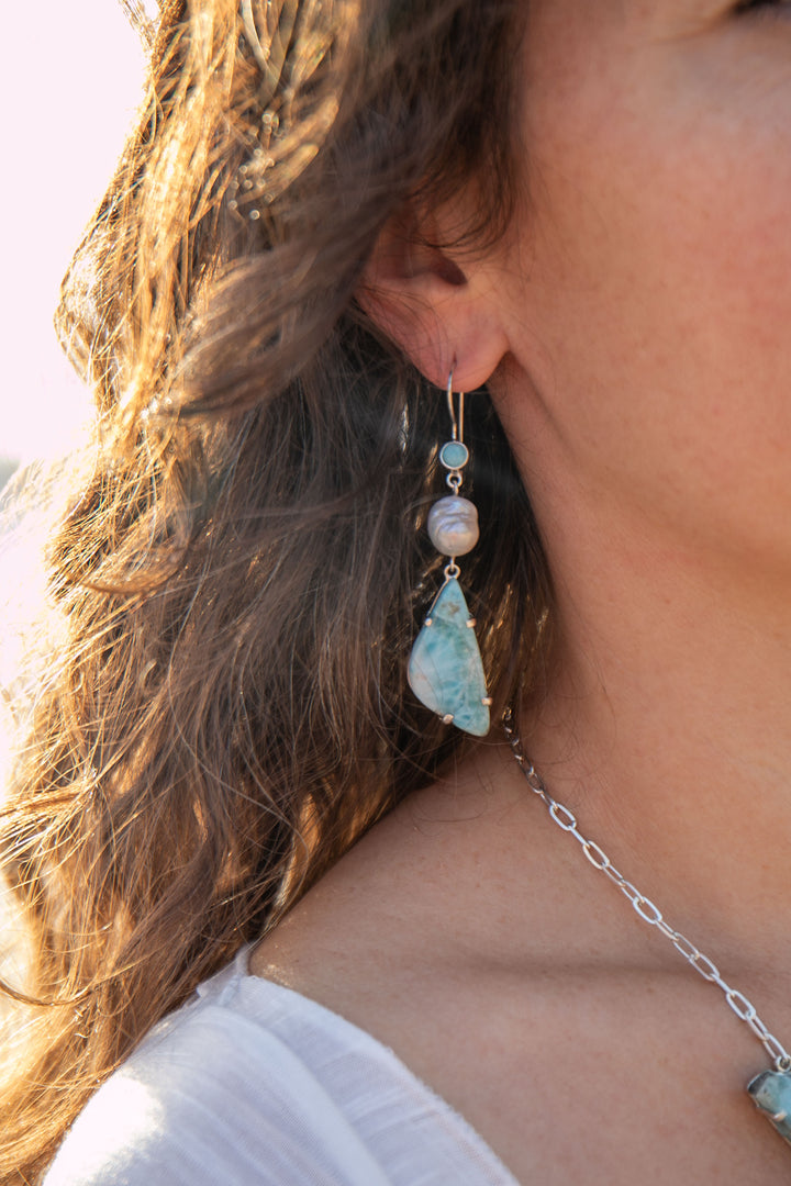 Larimar and Freshwater Pearl Asymmetrical Earrings set in Sterling Silver
