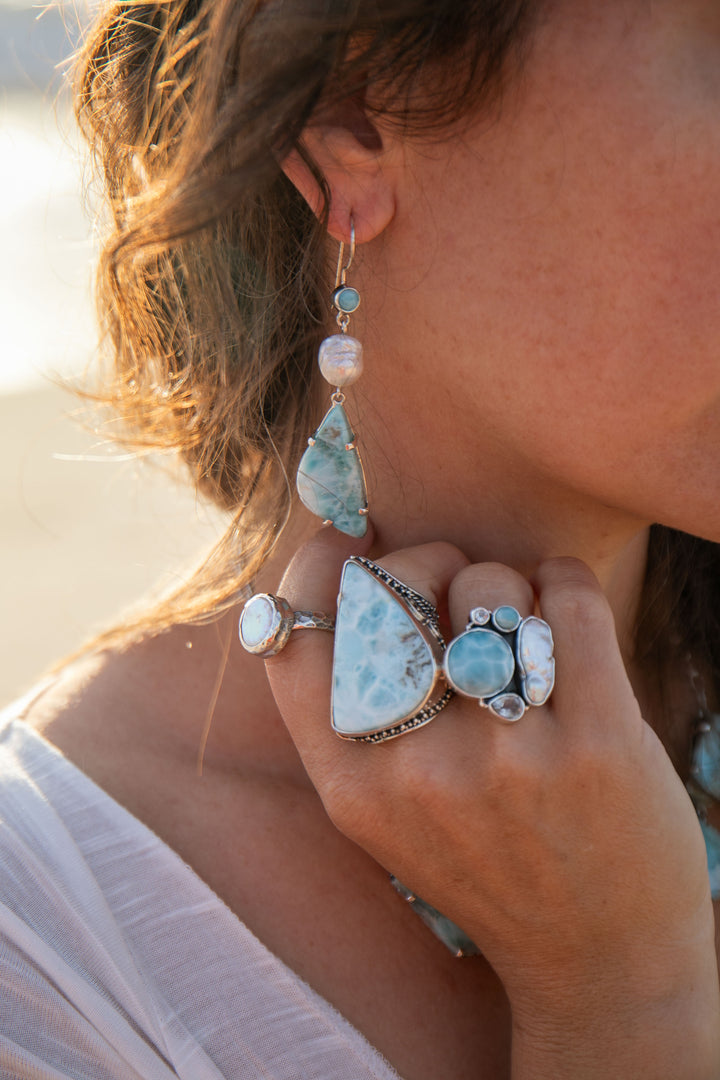 Statement Larimar Ring in Tribal Sterling Silver Setting - Size 8 US