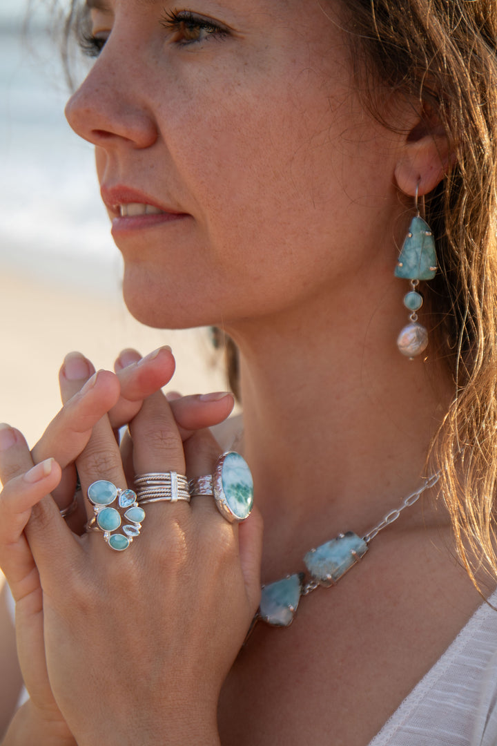 Larimar and Freshwater Pearl Asymmetrical Earrings set in Sterling Silver