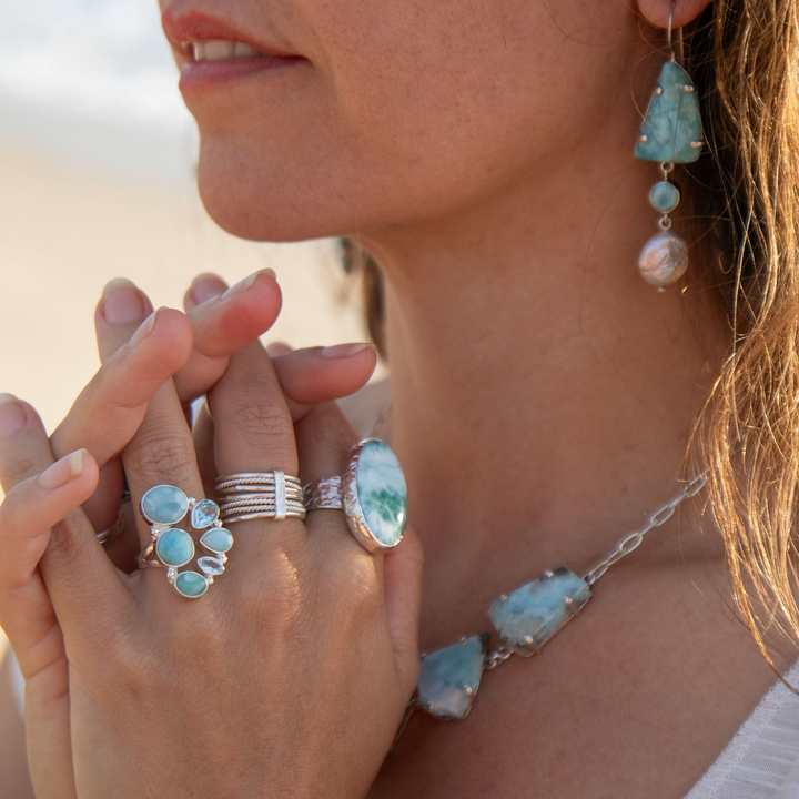 Multi Gemstone Ring with Larimar and Topaz  in Sterling Silver - Size 8 US