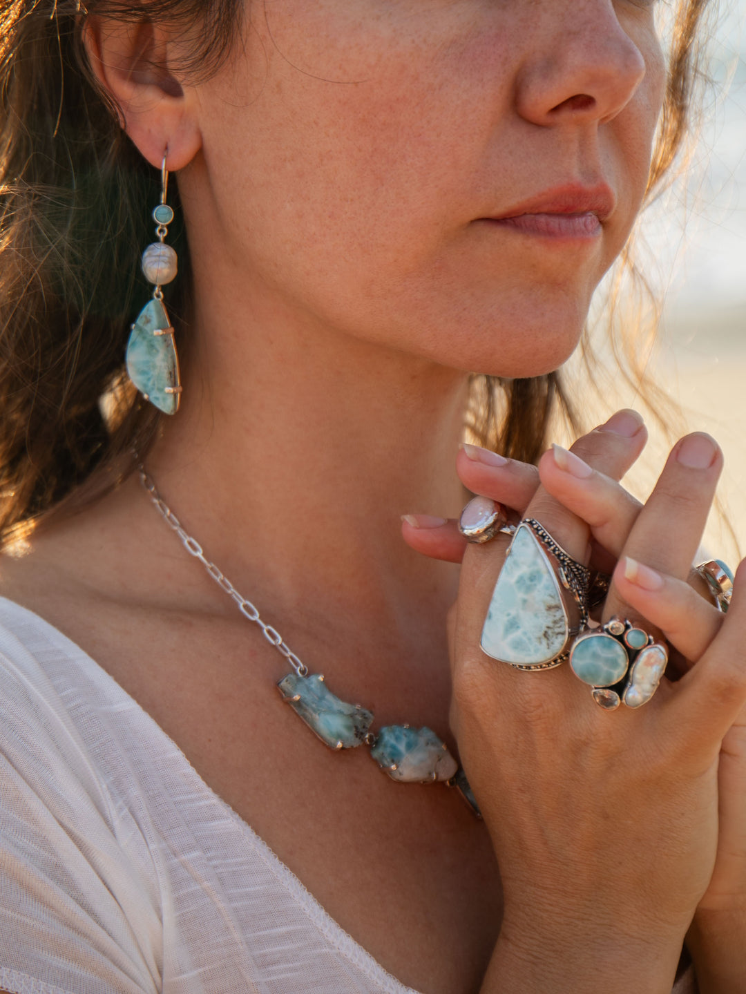 Statement Larimar Ring in Tribal Sterling Silver Setting - Size 8 US