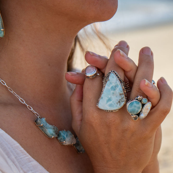 Statement Larimar Ring in Tribal Sterling Silver Setting - Size 8 US